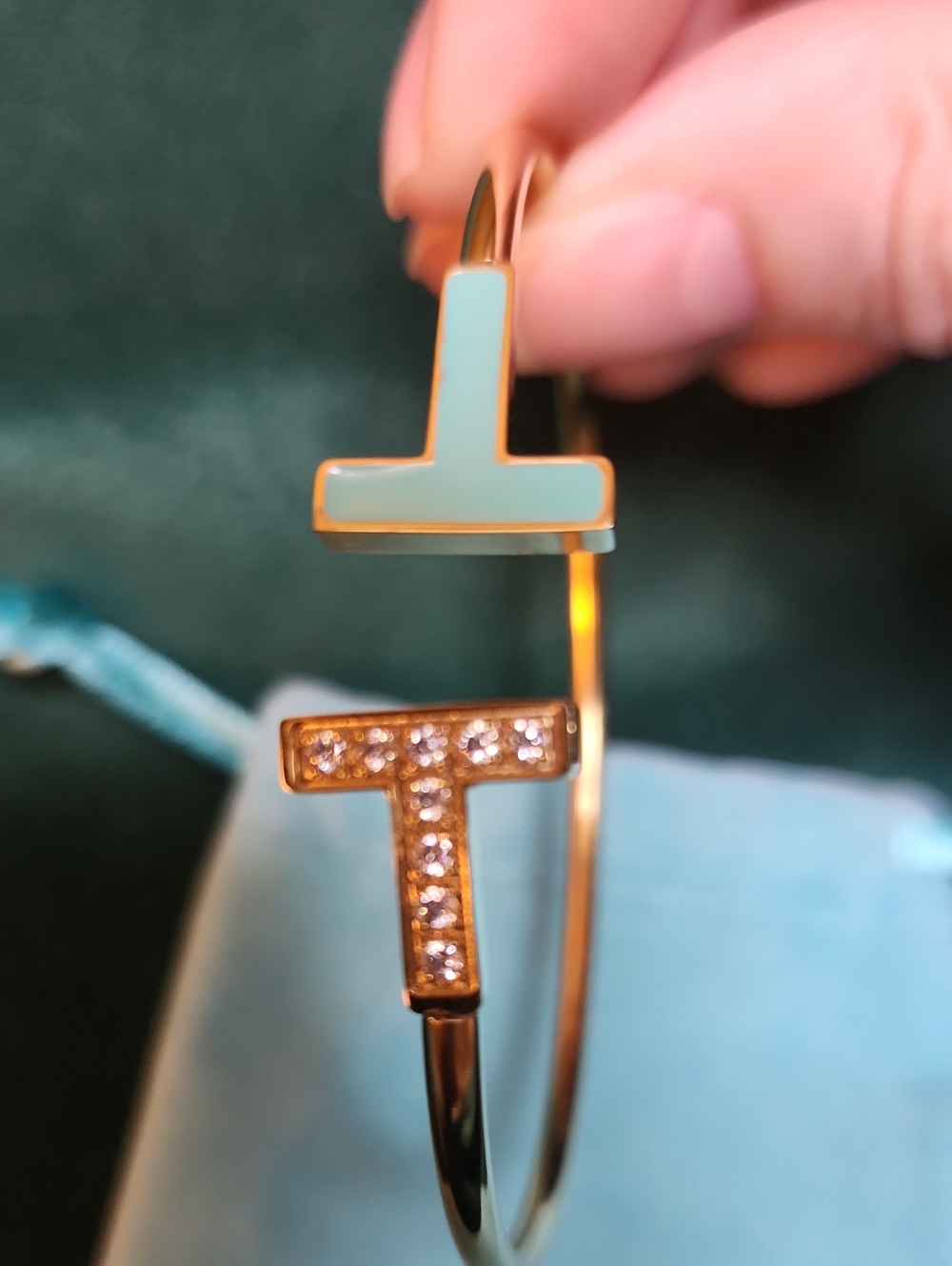 Tiffany-style Gold 'T'Open Bangle Bracelet with Tiffany Blue Enamel And Crystals
